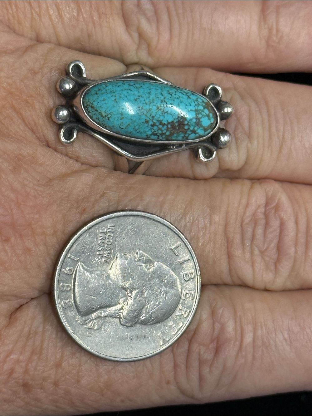 Vintage Turquoise Oval Stone Sterling Silver Ring - Blue
